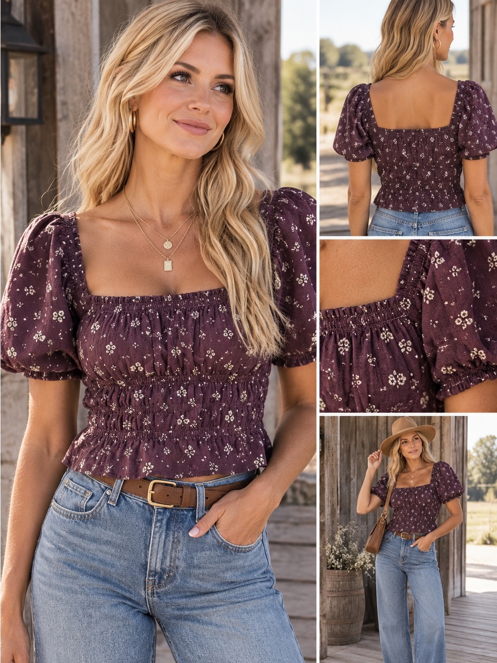 Smocked Off-Shoulder Top in Deep Plum Floral